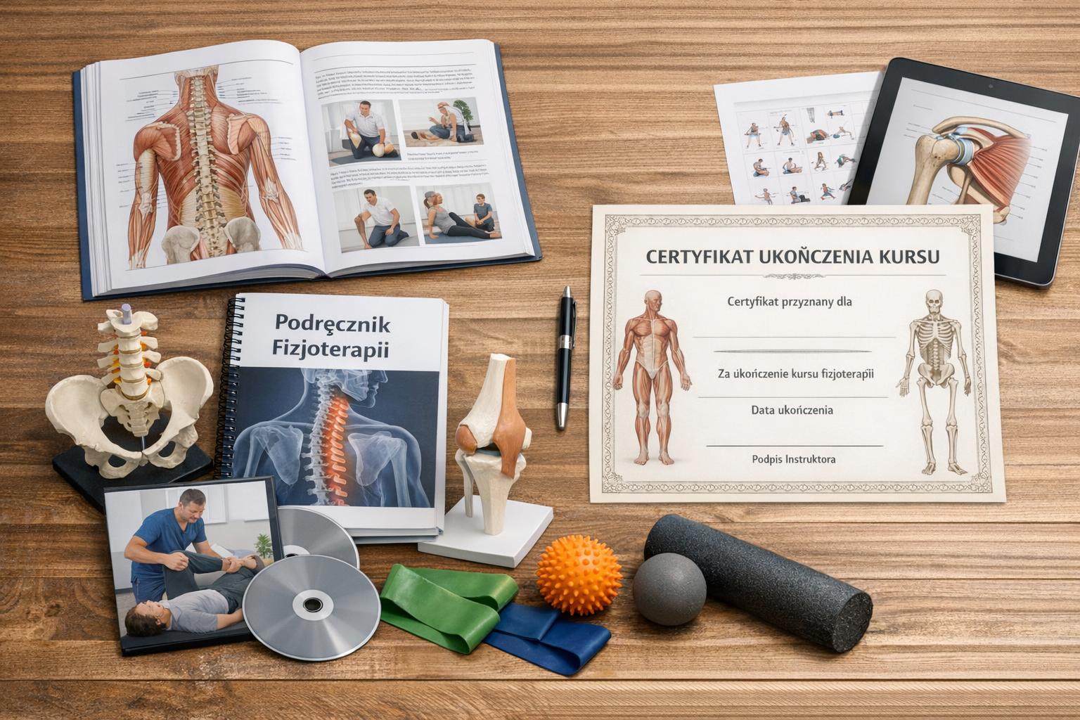 Materiały edukacyjne i certyfikat ukończenia kursu dla fizjoterapeuty