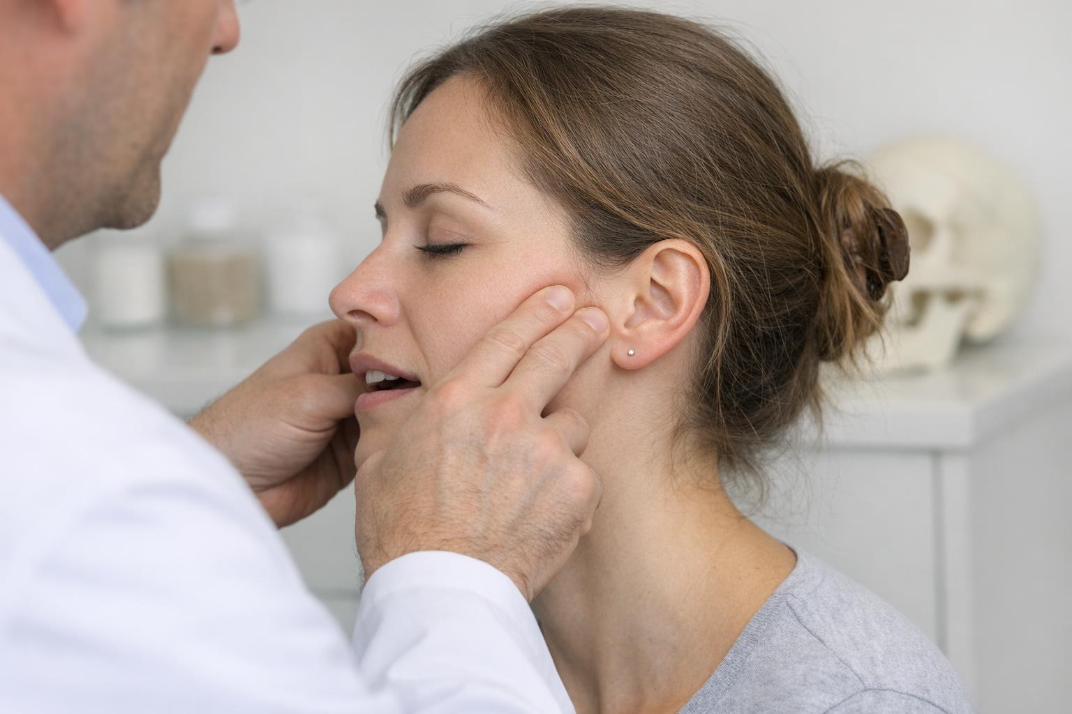 zdjęcie przedstawiające palpację stawu skroniowo-żuchwowego podczas badania klinicznego