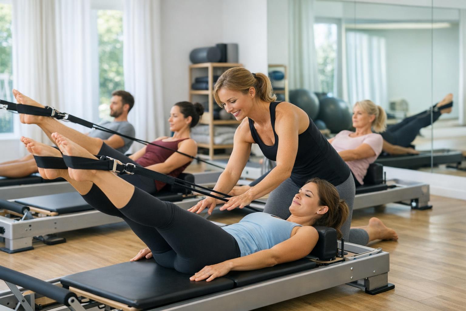 Grupa uczestników podczas praktycznych warsztatów pilates