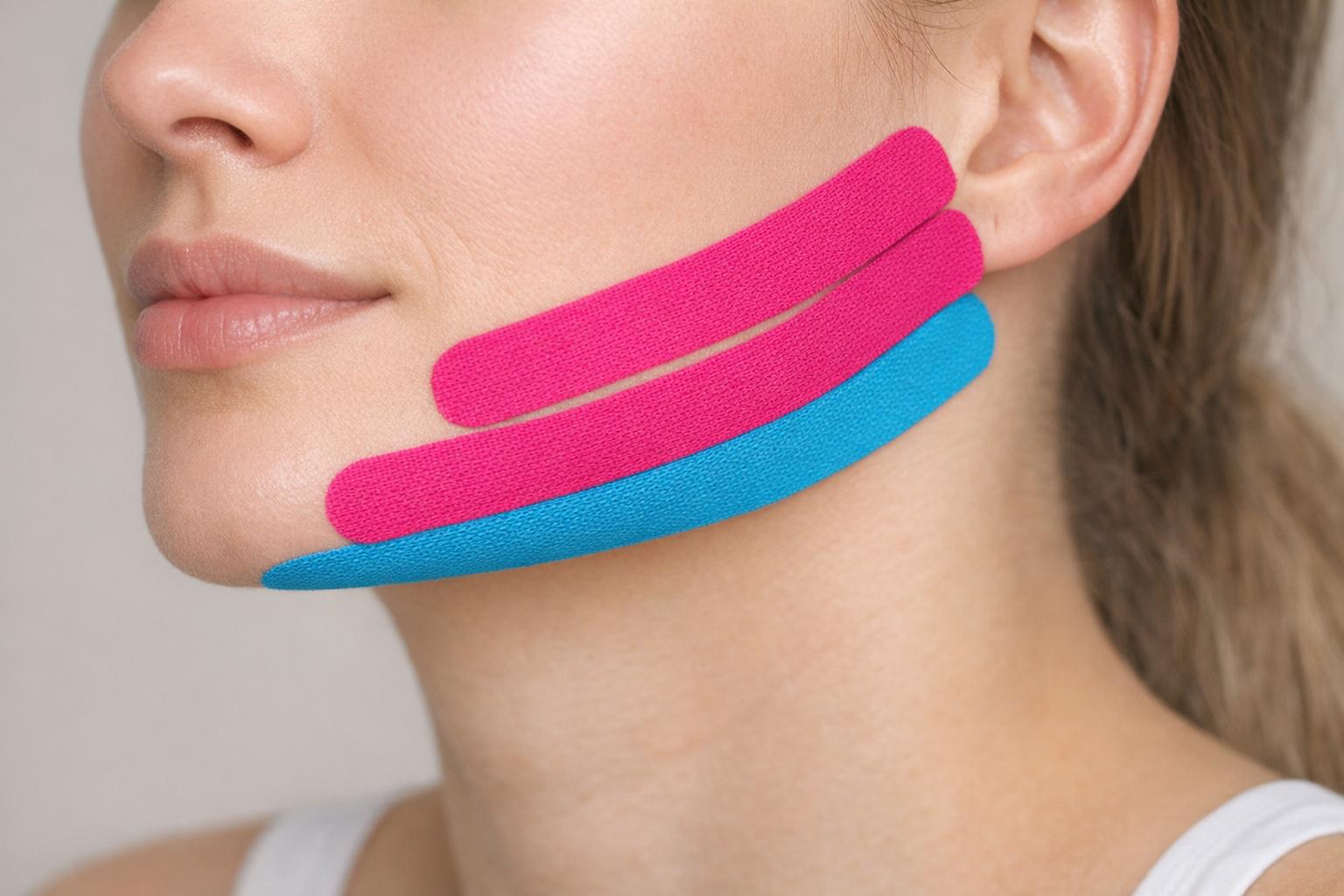 Zdjęcie detalicznego ujęcia taśm kinesiotaping na linii żuchwy