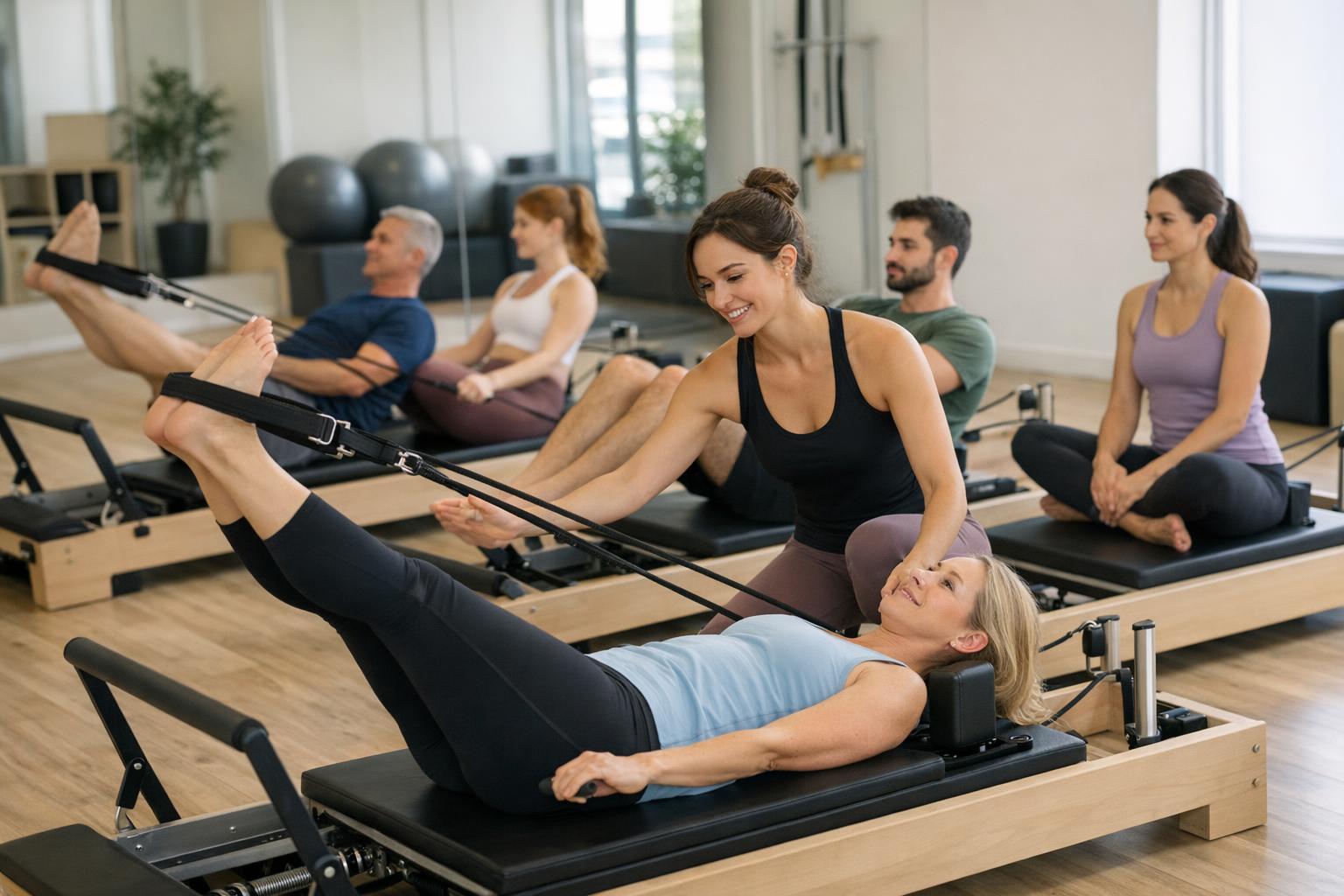 zdjęcie: grupa uczestników kursu pilates podczas sesji praktycznej