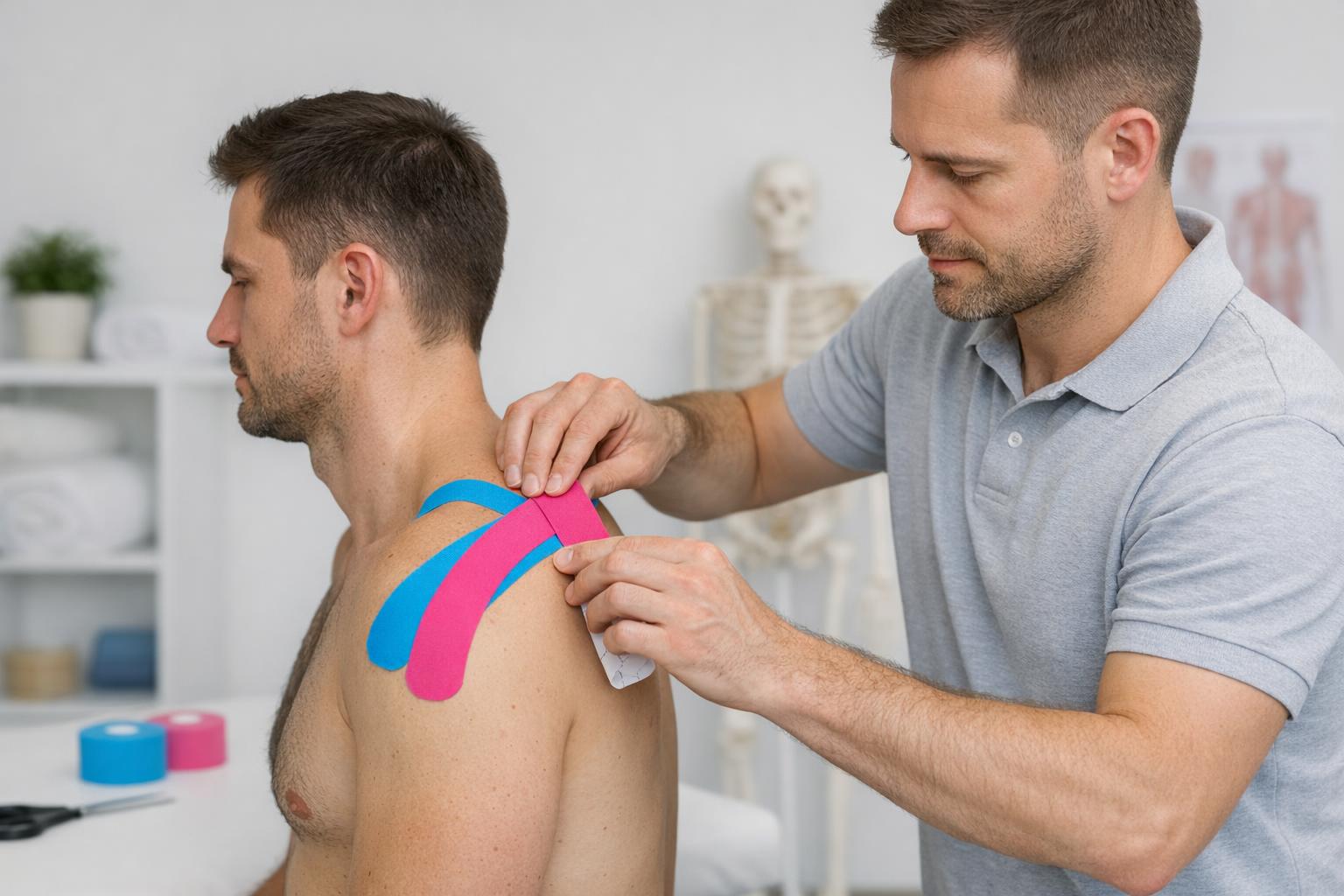 Fotografia przedstawiająca terapeutę aplikującego taśmę kinesiotaping na bark pacjenta