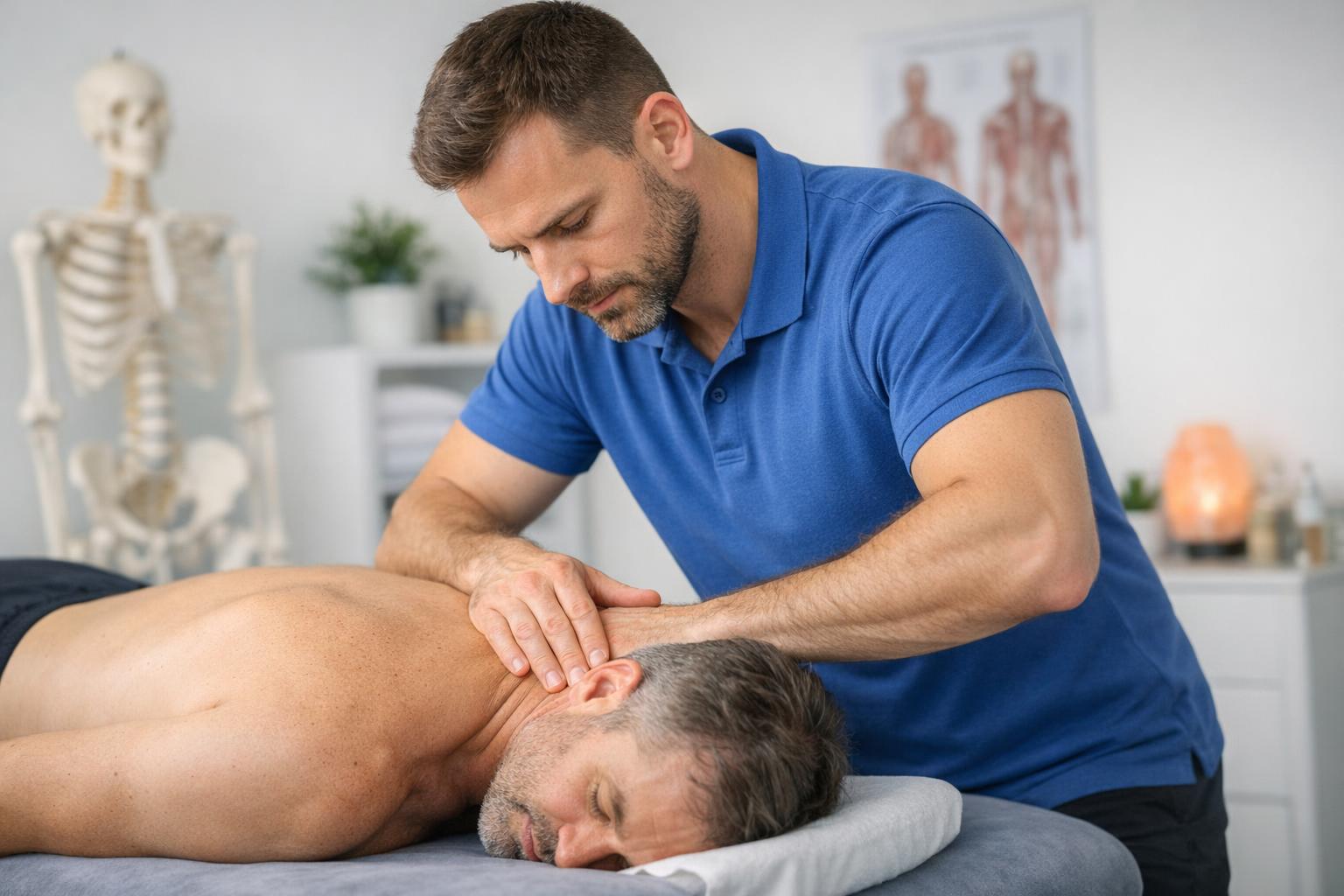 Fizjoterapeuta prowadzący terapię manualną w gabinecie, skupiona praca z pacjentem